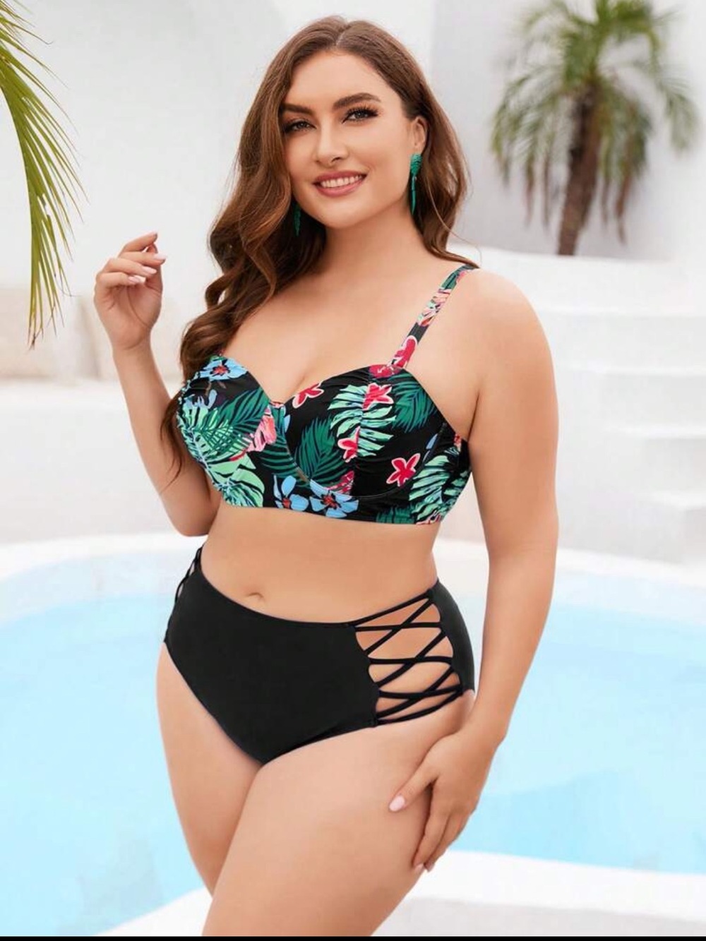 SHEIN Swim Curve Plus Size Tropical Print Crisscross Underwire Bikini